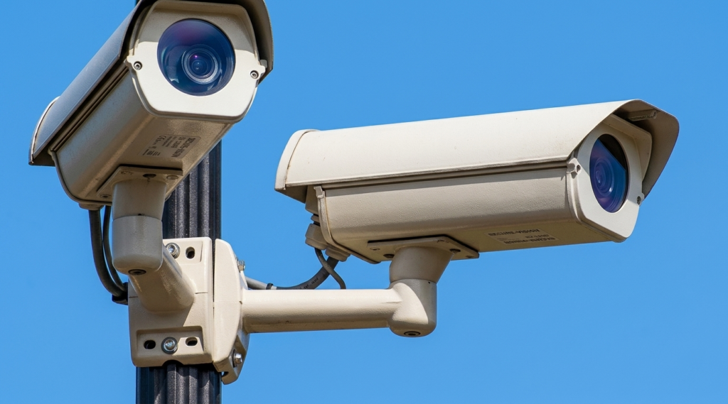 Dos cámaras de vigilancia o control de velocidad montadas en un poste metálico, con lentes orientadas en distintas direcciones, contra un cielo azul despejado.