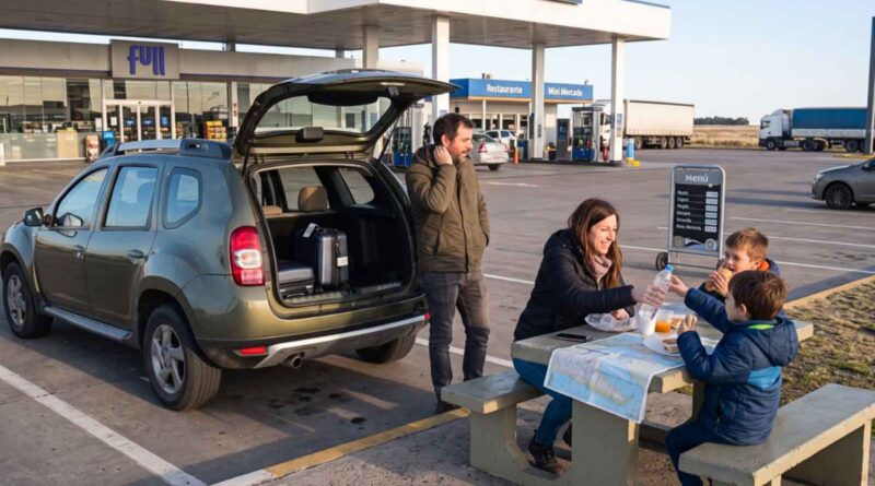 familia desayunando en una estación de servicio