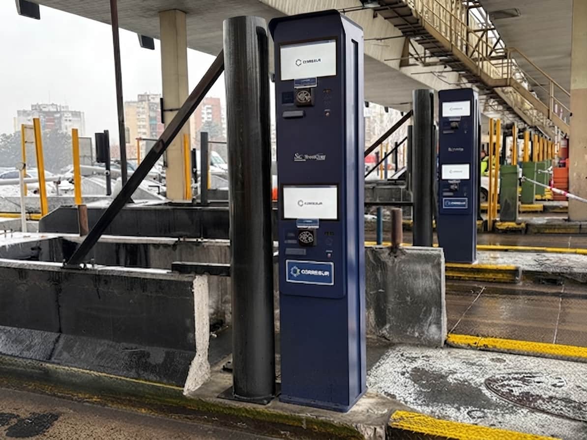Carriles de peaje automático Cooresur en autopista Riccheri bajo techo en día lluvioso, sin cabinas con operario.