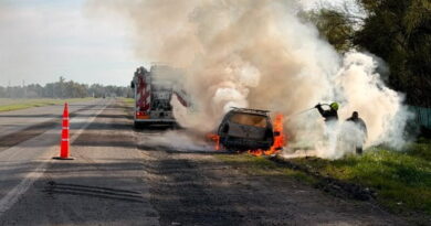 Auto incendiado en la banquina de la Ruta 3 con intervención de bomberos