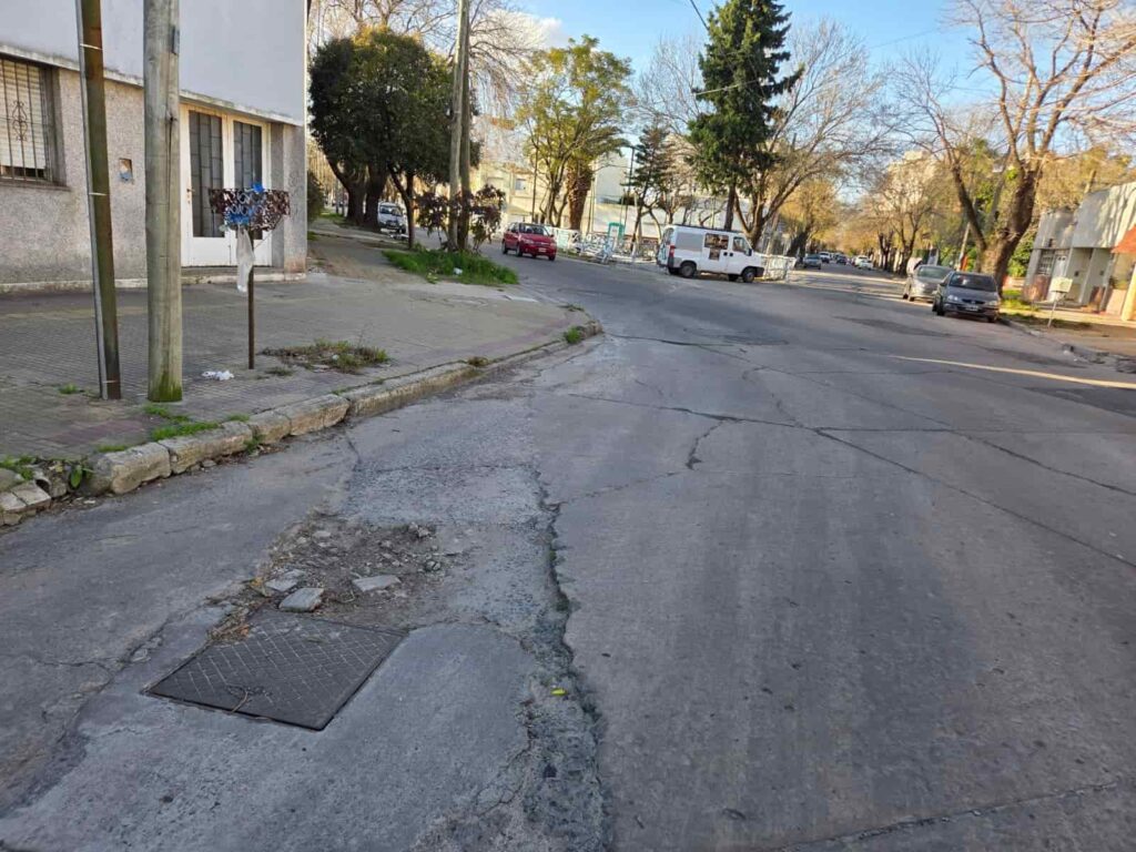 Pavimento deteriorado con grietas profundas, baches y remiendos en una calle de La Plata en cercanías al Parque San Martín. Se observa una tapa de registro en el asfalto fragmentado y tránsito vehicular al fondo.