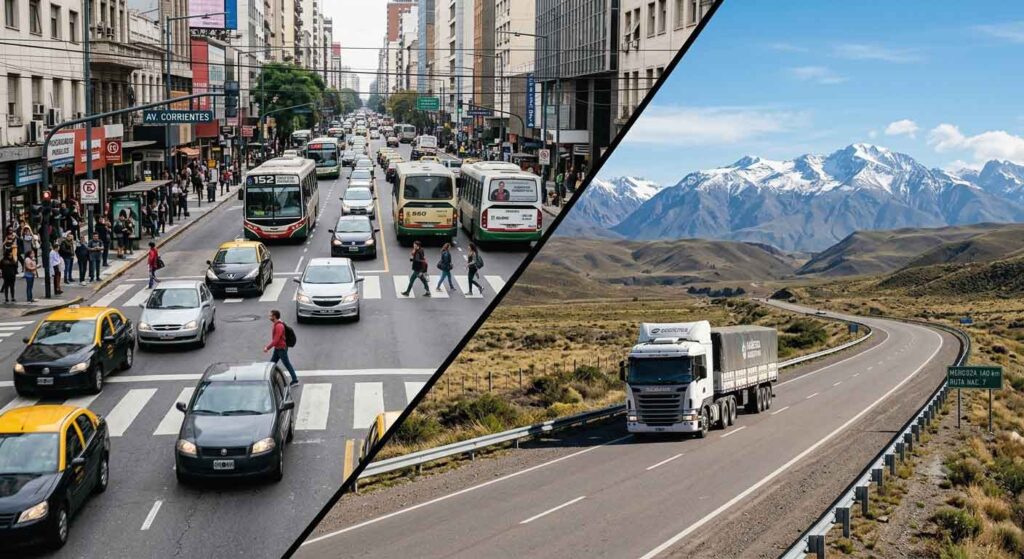 Collage que contrasta el tránsito urbano en Av. Corrientes, Buenos Aires, con el tránsito de larga distancia en la Ruta Nacional 7 con vista a los Andes.