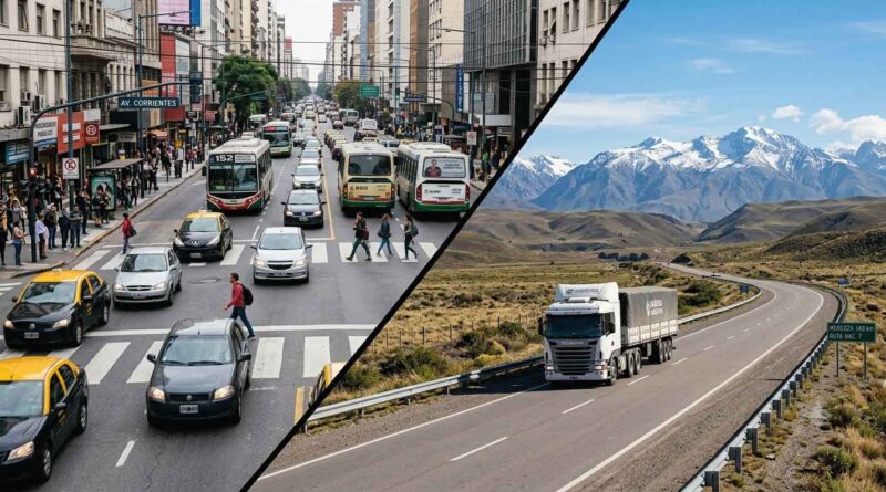 Collage que contrasta el tránsito urbano en Av. Corrientes, Buenos Aires, con el tránsito de larga distancia en la Ruta Nacional 7 con vista a los Andes.