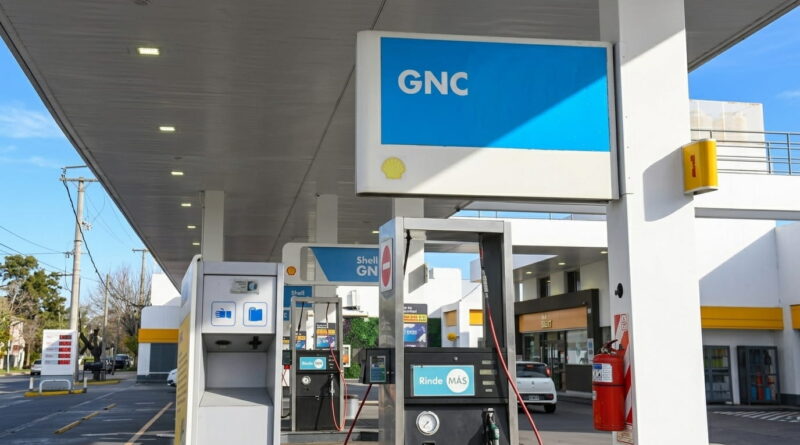 Surtidores de GNC en una estación de servicio Shell, con cartelería de Gas Natural Comprimido y dispensers de la línea Rinde Más, en un día soleado.