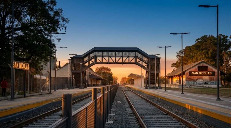 Estación de tren San Nicolás al atardecer, vista central de las vías con puente peatonal metálico.