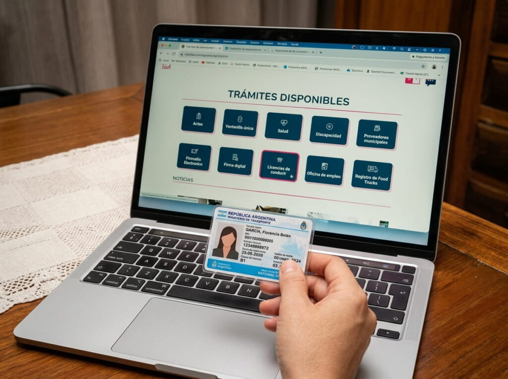 Licencia de conducir argentina frente al portal de trámites digitales de Mar del Plata con la opción de licencias resaltada.