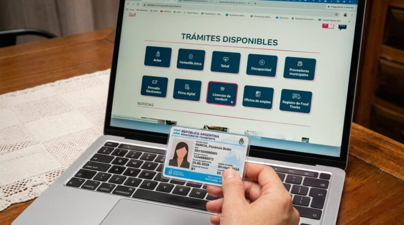 Licencia de conducir argentina frente al portal de trámites digitales de Mar del Plata con la opción de licencias resaltada.