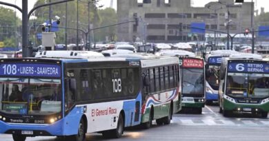 Columna de colectivos urbanos en avenida de Buenos Aires: en primer plano la línea 108 con destino Liniers-Saavedra de la empresa El General Roca, seguida por otras unidades entre las que se distingue la línea 6 con destino Retiro-Bernal. Tránsito denso en día nublado.