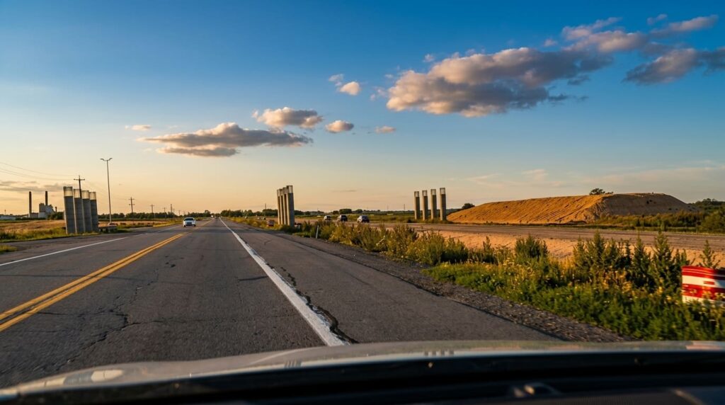 Ruta Nacional 7 a la altura de Chacabuco con columnas de obra vial inconclusa a ambos lados, vista desde un vehículo al atardecer.
