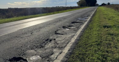 Ruta Provincial 65 con múltiples baches y asfalto deteriorado en zona rural bonaerense.