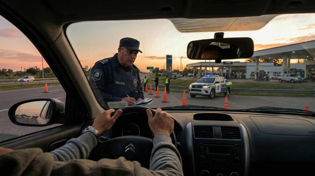 Policía bonaerense realiza control de tránsito en ruta al atardecer, visto desde el interior de un auto.