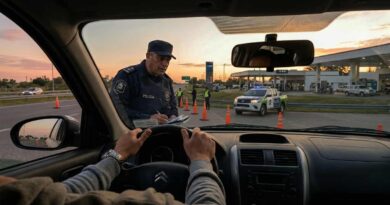 Policía bonaerense realiza control de tránsito en ruta al atardecer, visto desde el interior de un auto.
