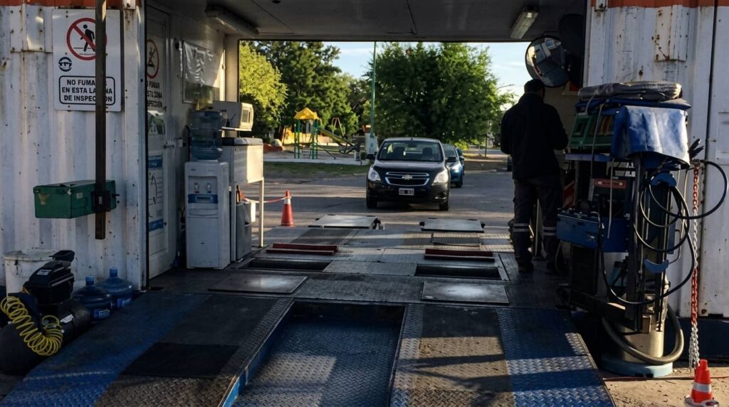 Automóvil ingresando al foso de inspección de la planta móvil de VTV durante su operativo en General Alvear.